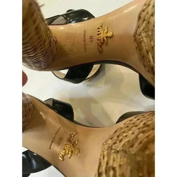 Prada Platform Sandals Wicker Black Patent Leather High Heels Pumps EU 40 US 10 - Picture 11 of 16